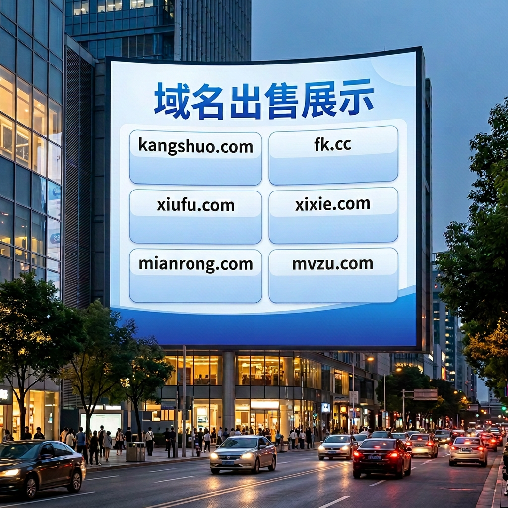 Billboard listing six domain names, prices, contact number, and QR code